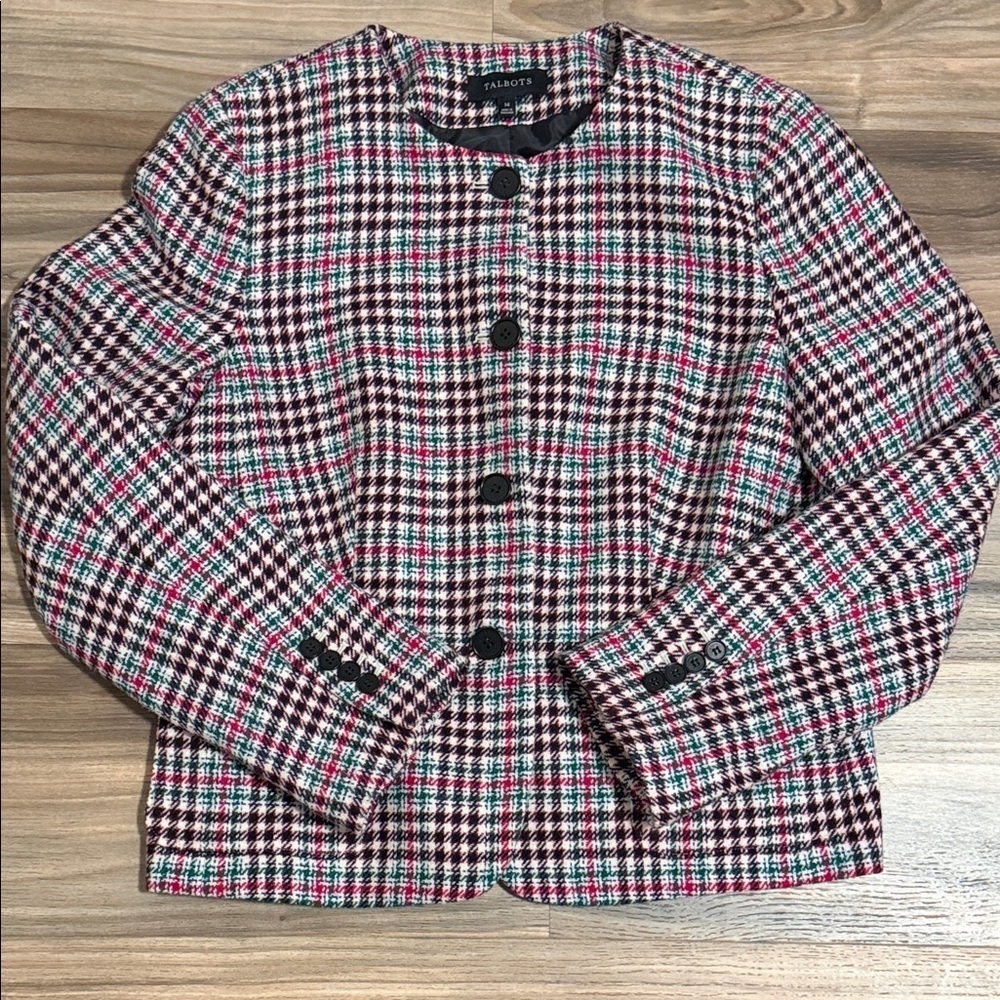 Talbots Women’s Size 14 Pink Green Houndstooth Wool Blend Collarless Blazer